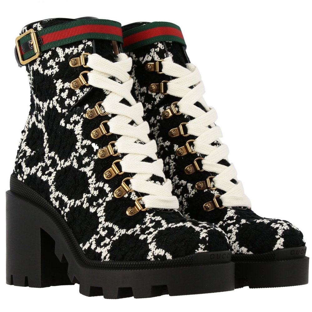 Gucci GG Tweed Monogram Lace Up Combat Ankle Boot Black Size 38